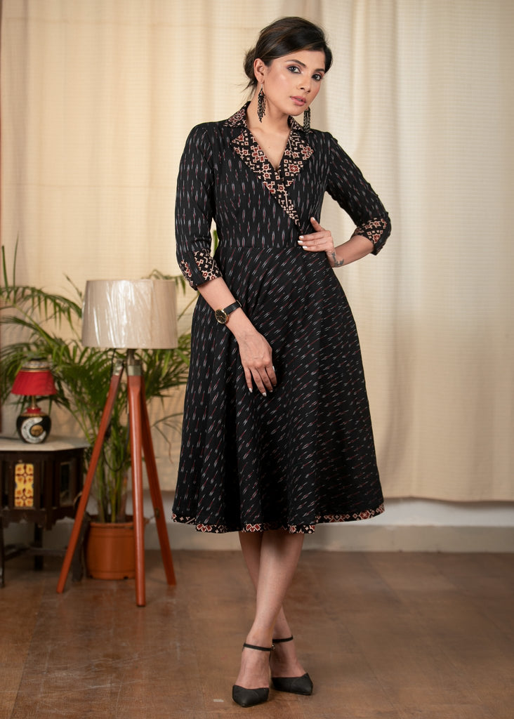 Exclusive black ikat one piece cotton dress with Ajrakh details