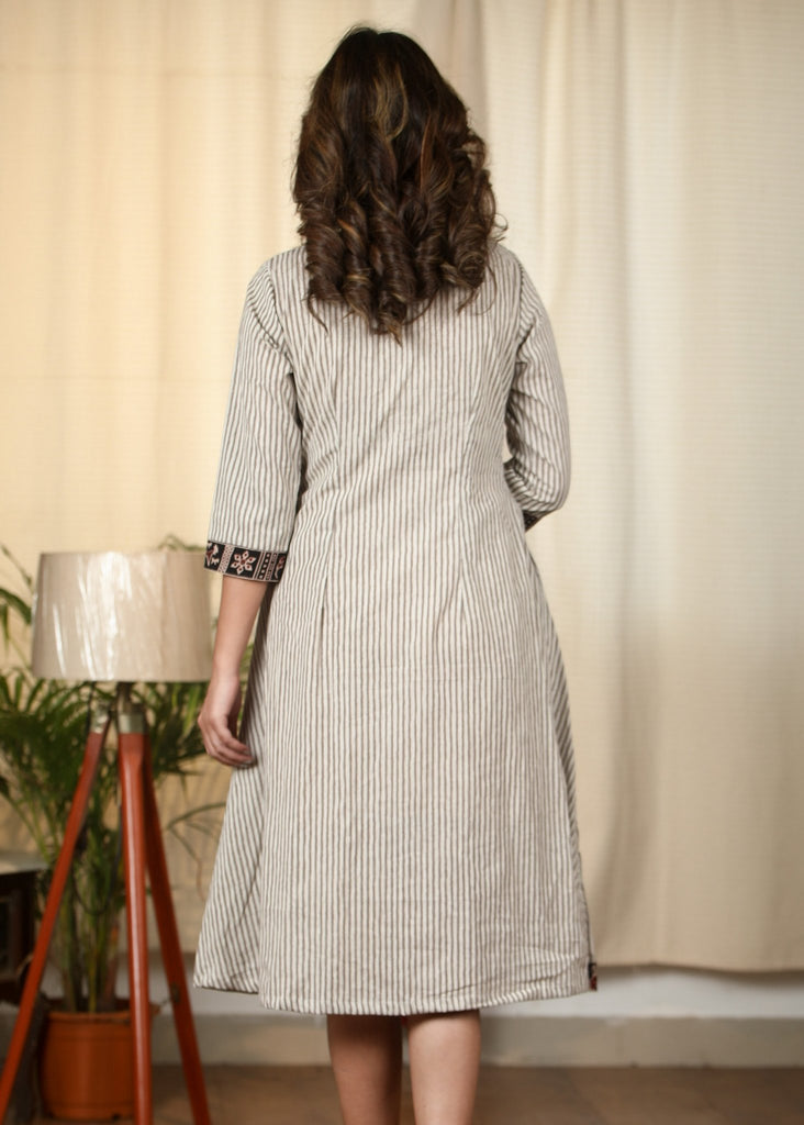 Beige striped dabu printed cotton dress with Ajrakh yoke
