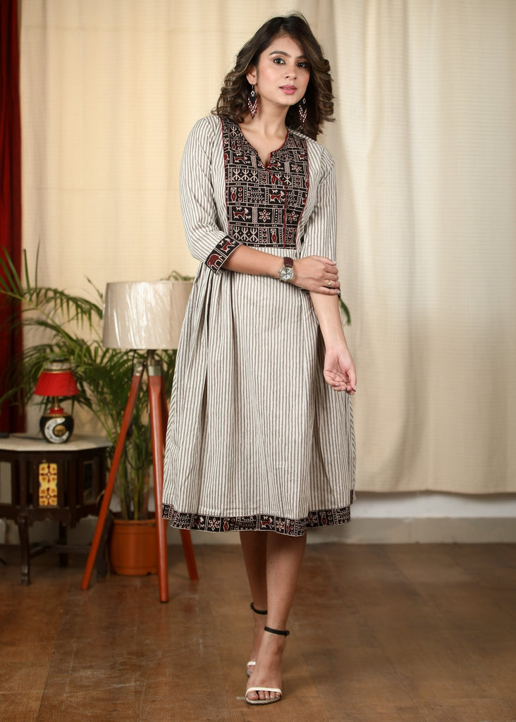 Beige striped dabu printed cotton dress with Ajrakh yoke