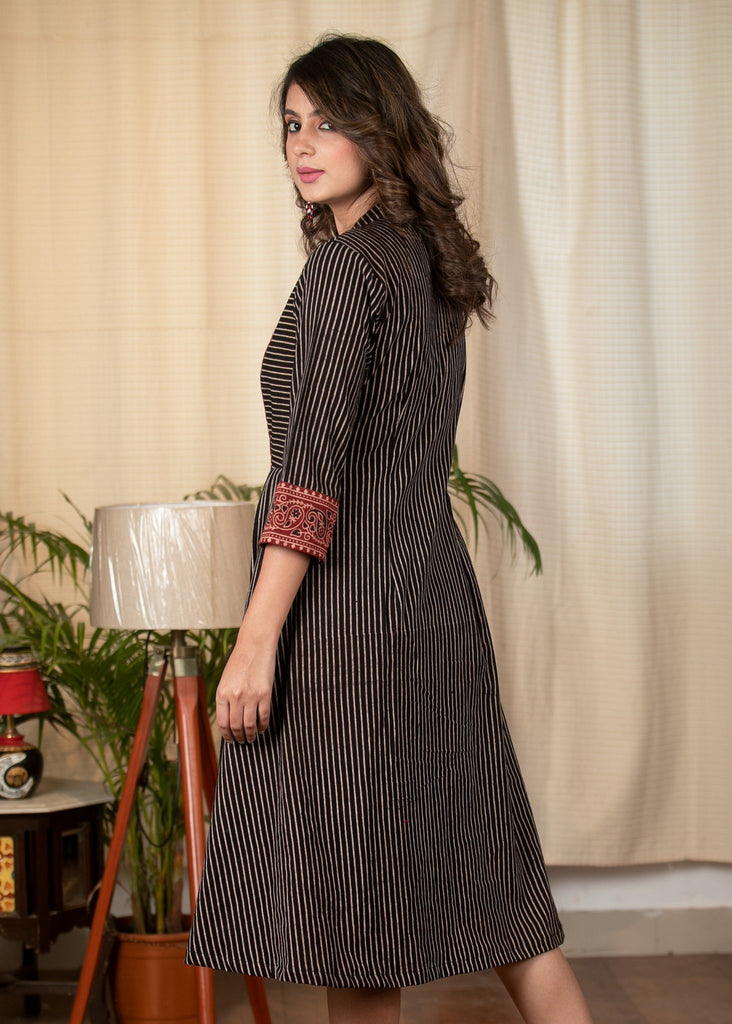 Striped Ajrakh one piece cotton dress with maroon Ajrakh combination