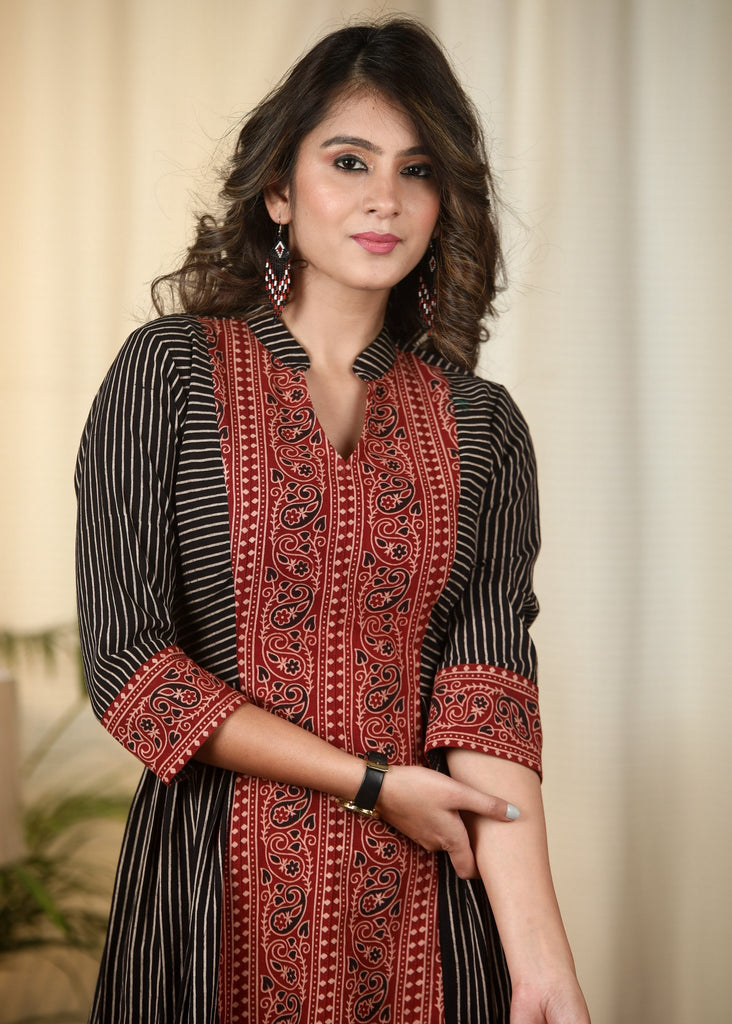 Striped Ajrakh one piece cotton dress with maroon Ajrakh combination