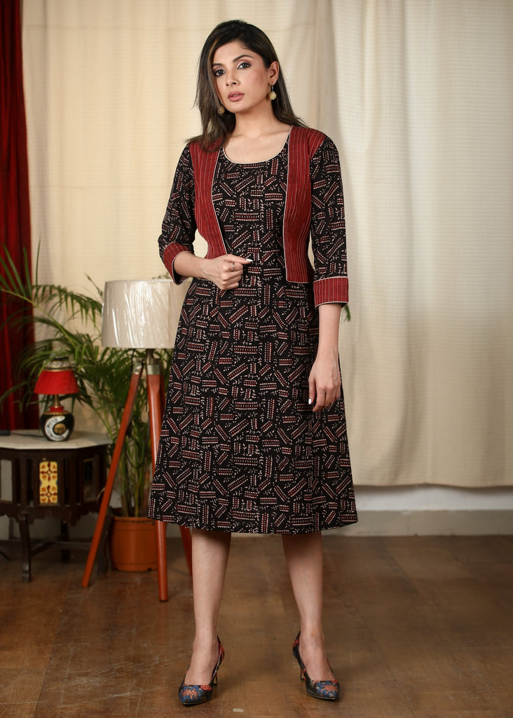 Black Ajrakh cotton dress with maroon cotton jacket