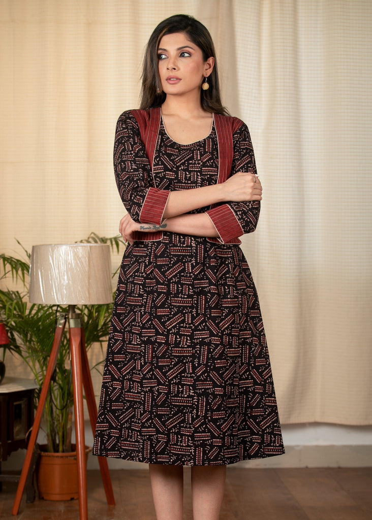 Black Ajrakh cotton dress with maroon cotton jacket
