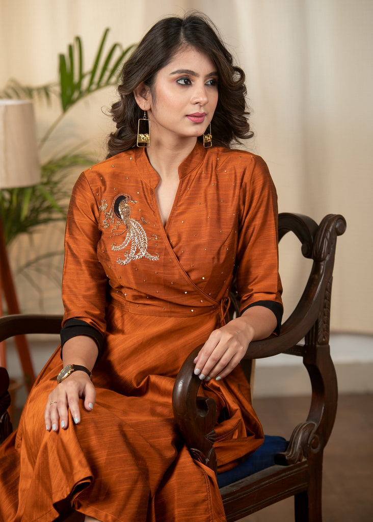 Exclusive Rust cotton silk dress with intricate hand embroidered motif