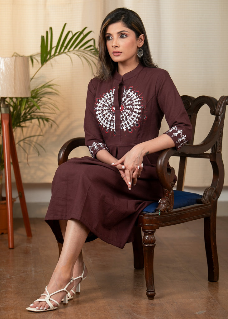 Exclusive brown cotton dress with hand painted Warli art
