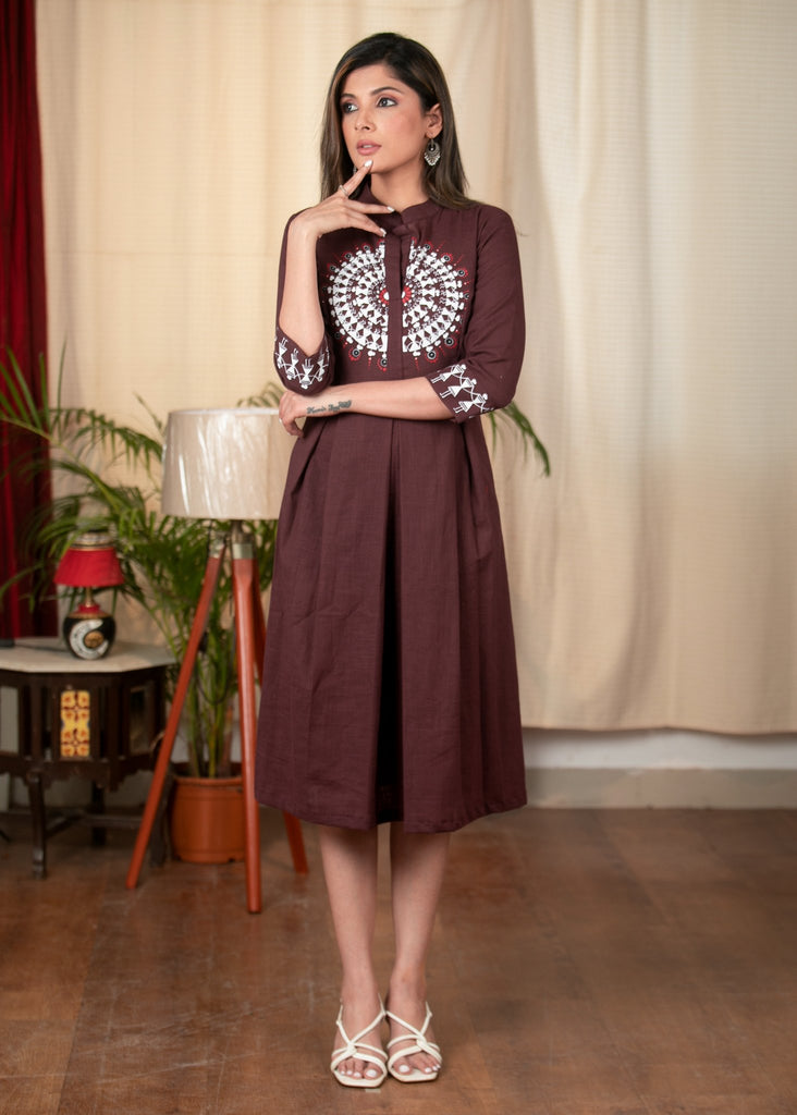 Exclusive brown cotton dress with hand painted Warli art