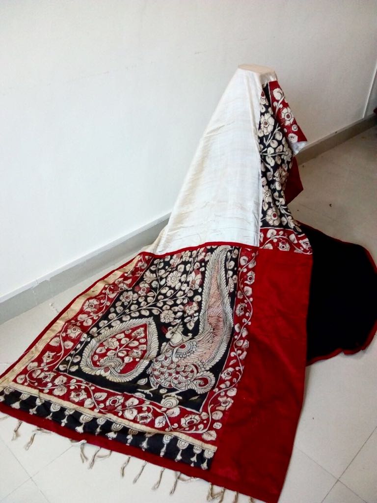 Handpainted Kalamkari with pure tassar silk and black chanderi pleats - Sujatra