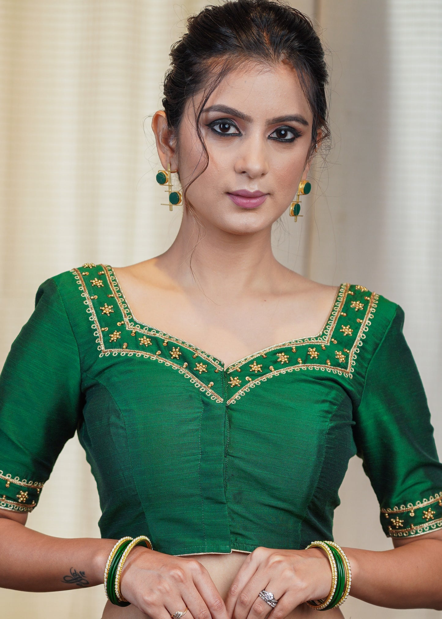 Dark  Green Cotton Silk Blouse Hand Embroidered Zardosi Work