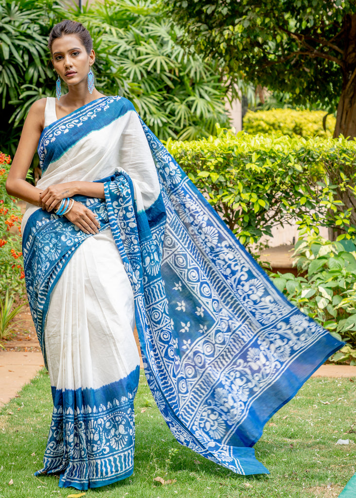 Exclusive cotton Batik blue & white saree