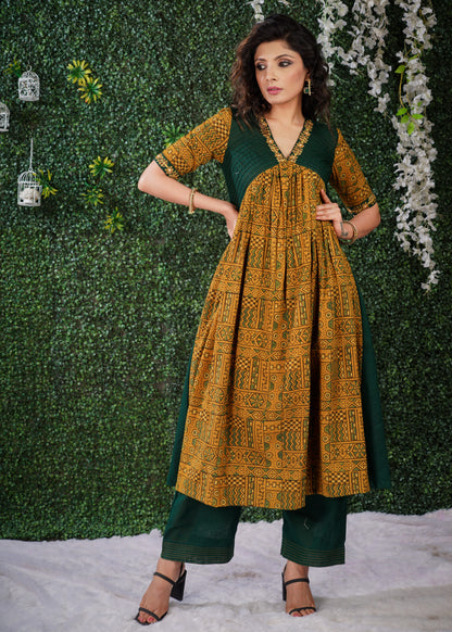 Mustard Ajrakh Cotton Kurta with embroidery on sleeves & Neckline .