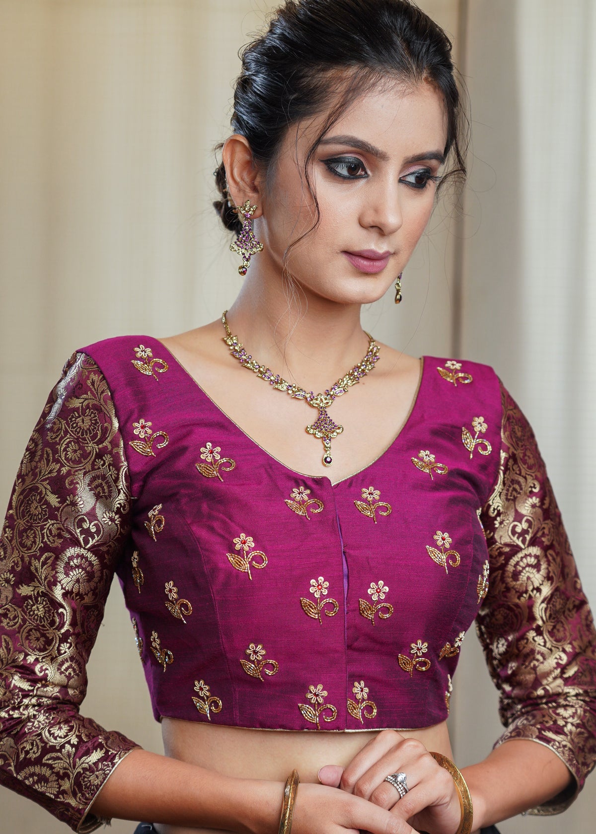 Dussehra Sale — Magenta Cotton Silk Blouse with Hand Embroidery Work and Banarsi Sleeves