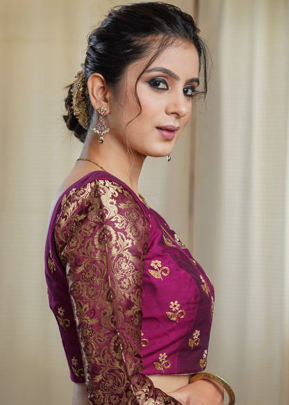Magenta Cotton Silk Blouse with Hand Embroidery Work and Banarsi Sleeves