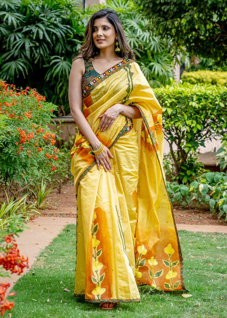 Yellow Chanderi Saree With Exclusive Hand Painted Abstract Flower Motif