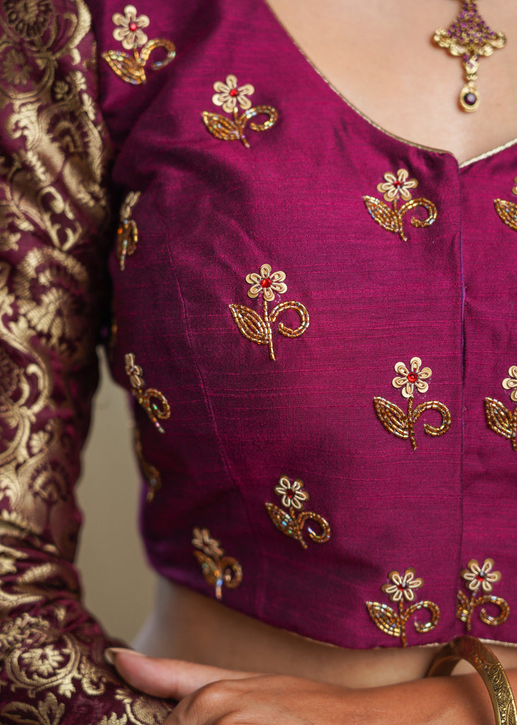 Magenta Cotton Silk Blouse with Hand Embroidery Work and Banarsi Sleeves