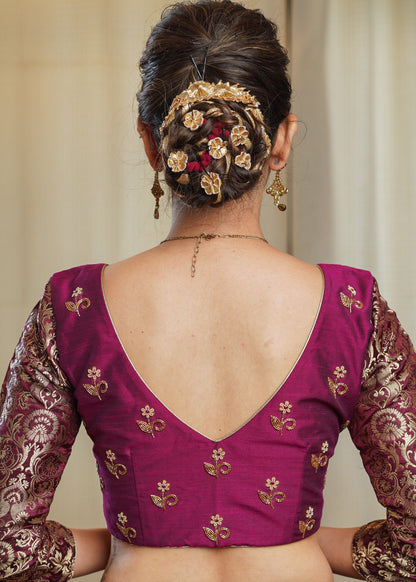 Magenta Cotton Silk Blouse with Hand Embroidery Work and Banarsi Sleeves