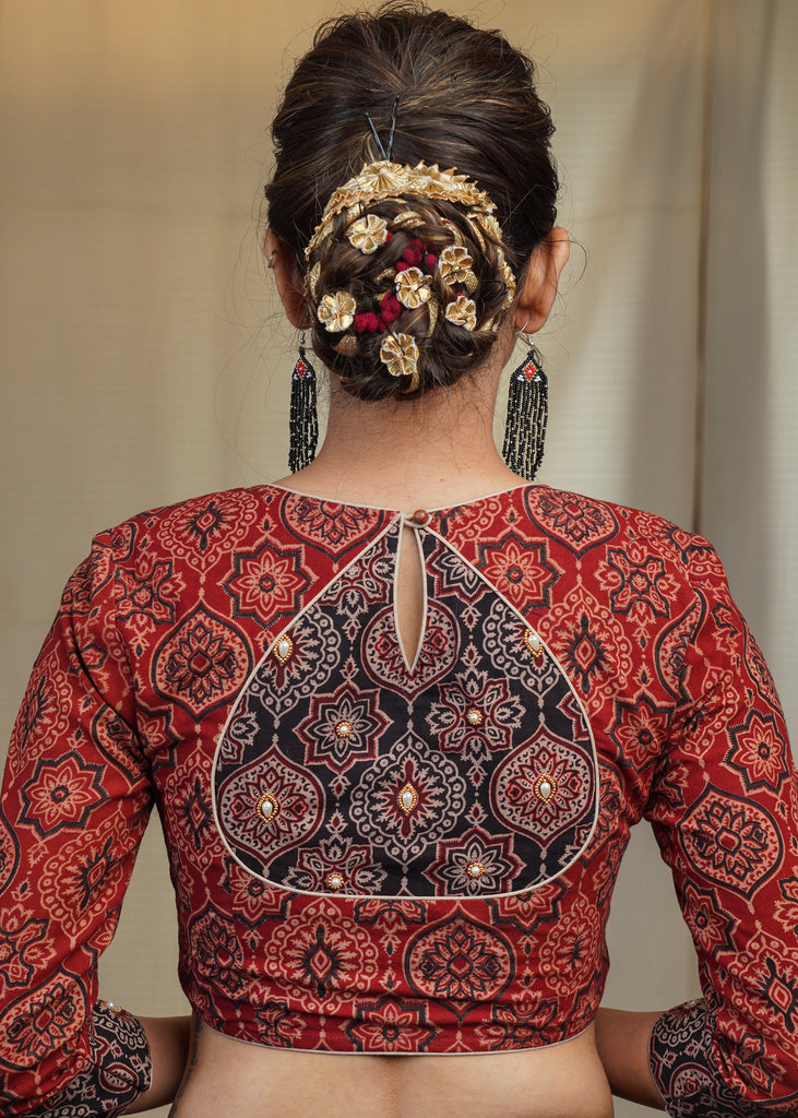 Maroon Cotton Ajrakh Combination Blouse With Bead work at the Back and Sleeves