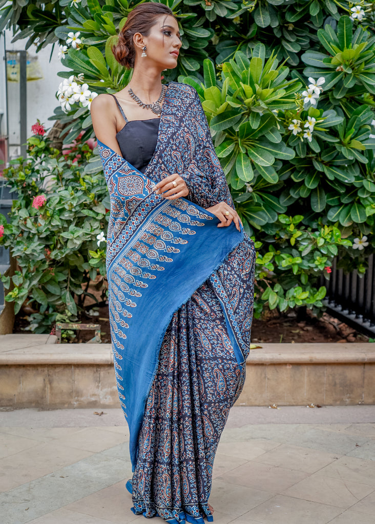 Pure modal silk block printed blue designer Ajrakh saree