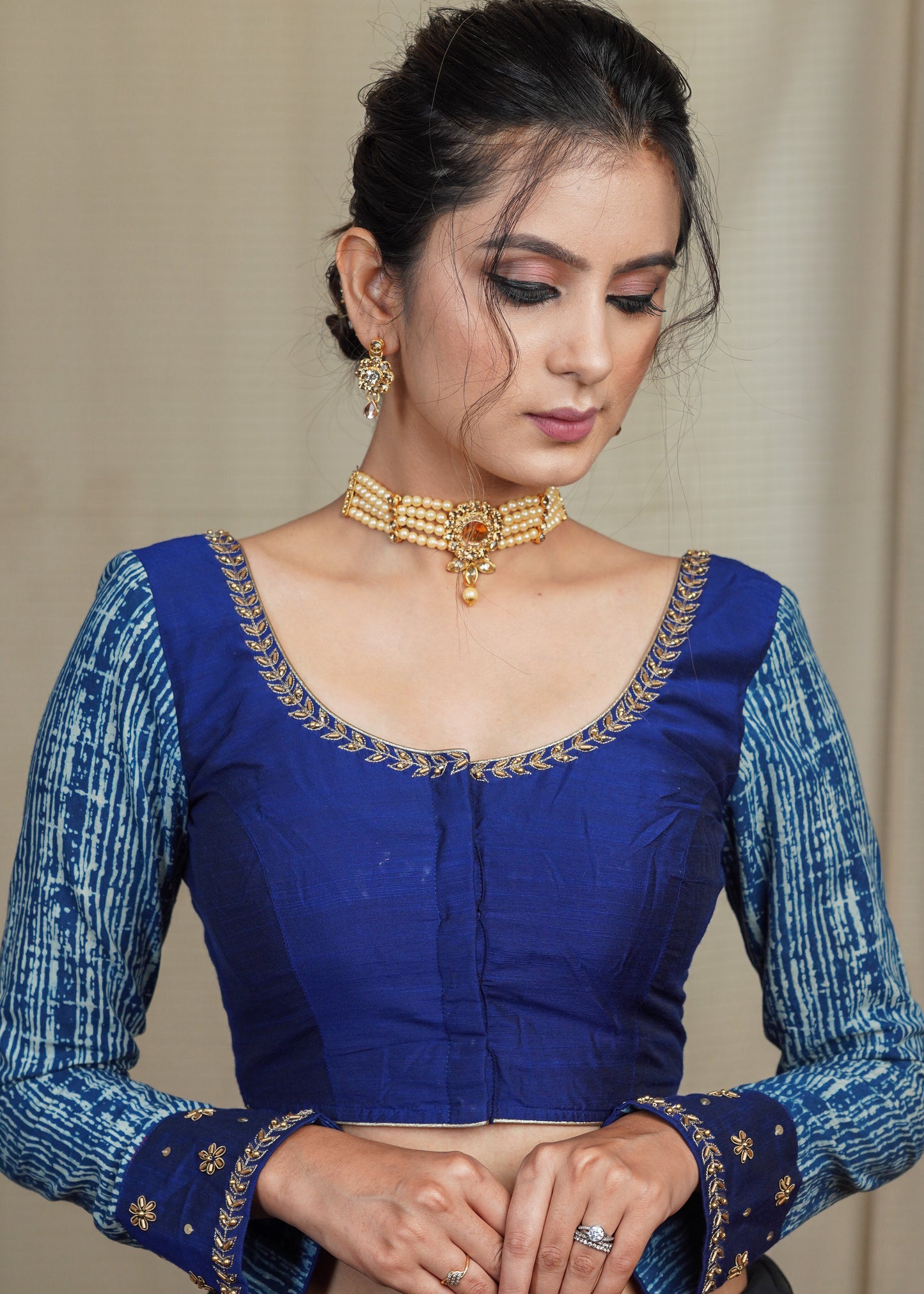 Blue Cotton Silk Blouse with Indigo Sleeves and Hand Embroidery Work On Neck and Cuffs