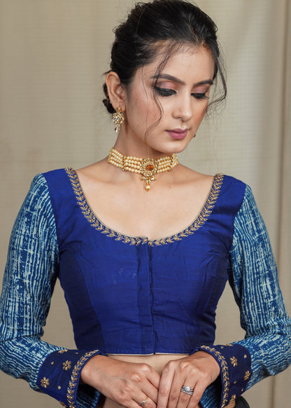 Blue Cotton Silk Blouse with Indigo Sleeves and Hand Embroidery Work On Neck and Cuffs