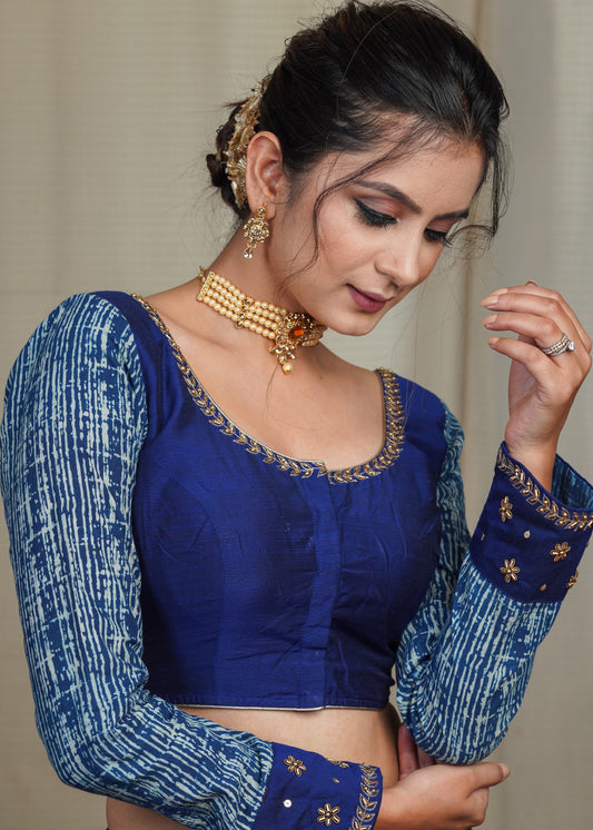 Blue Cotton Silk Blouse with Indigo Sleeves and Hand Embroidery Work On Neck and Cuffs