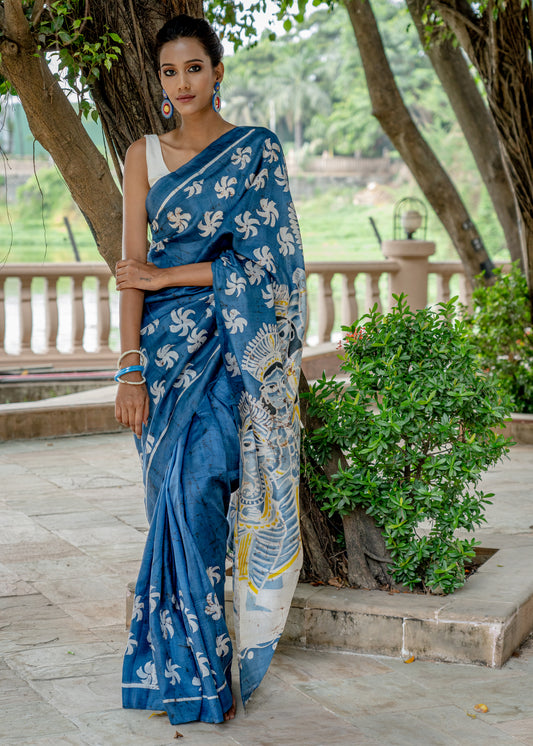 Blue pure silk hand Batik saree