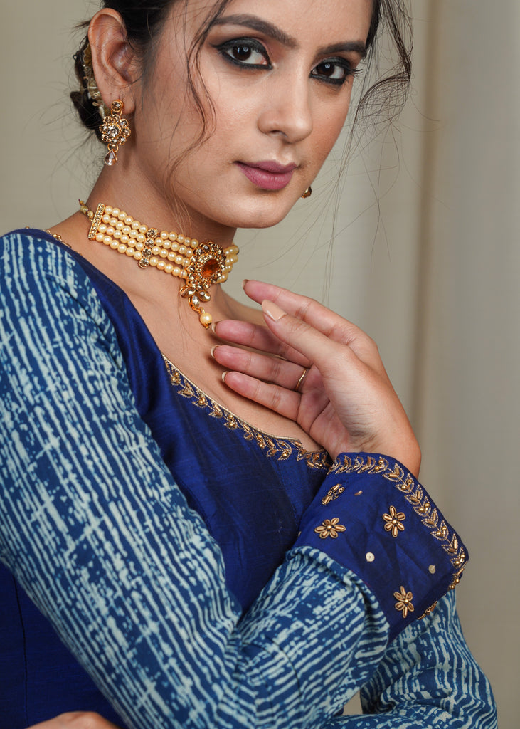Blue Cotton Silk Blouse with Indigo Sleeves and Hand Embroidery Work On Neck and Cuffs