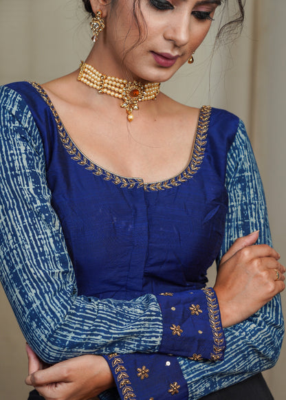Blue Cotton Silk Blouse with Indigo Sleeves and Hand Embroidery Work On Neck and Cuffs