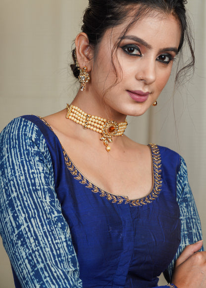Blue Cotton Silk Blouse with Indigo Sleeves and Hand Embroidery Work On Neck and Cuffs