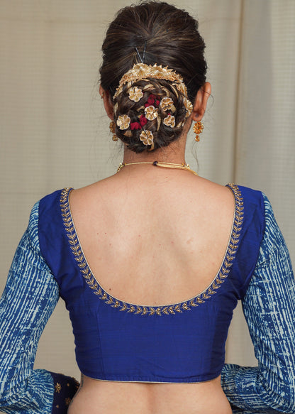 Blue Cotton Silk Blouse with Indigo Sleeves and Hand Embroidery Work On Neck and Cuffs