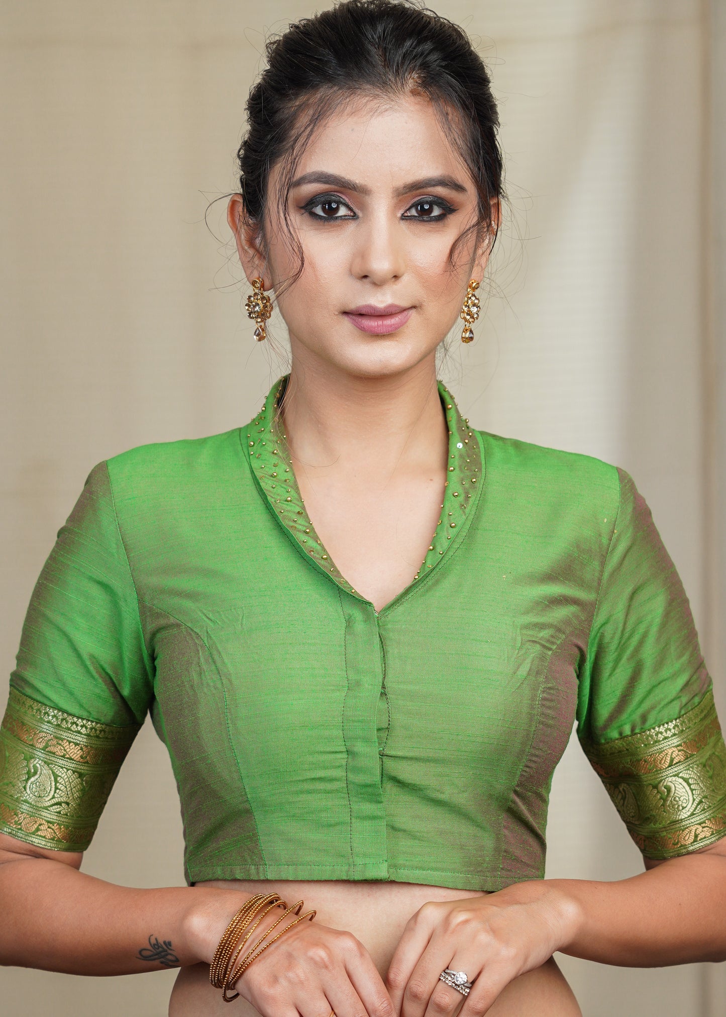 Mehendi Green Cotton Silk Blouse With Bead and Sequence Collar and Banarsi Border