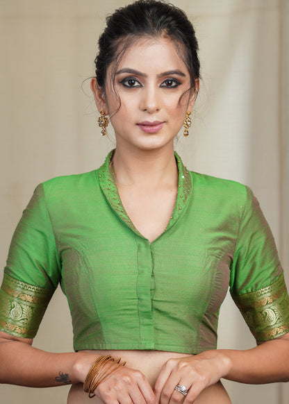 Mehendi Green Cotton Silk Blouse With Bead and Sequence Collar and Banarsi Border