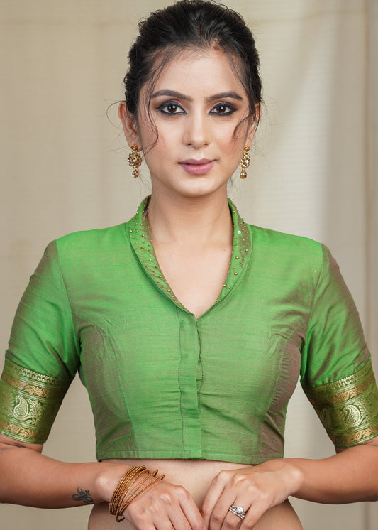 Mehendi Green Cotton Silk Blouse With Bead and Sequence Collar and Banarsi Border