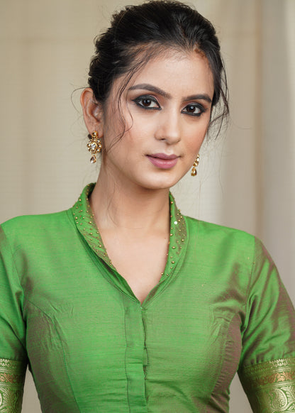 Mehendi Green Cotton Silk Blouse With Bead and Sequence Collar and Banarsi Border