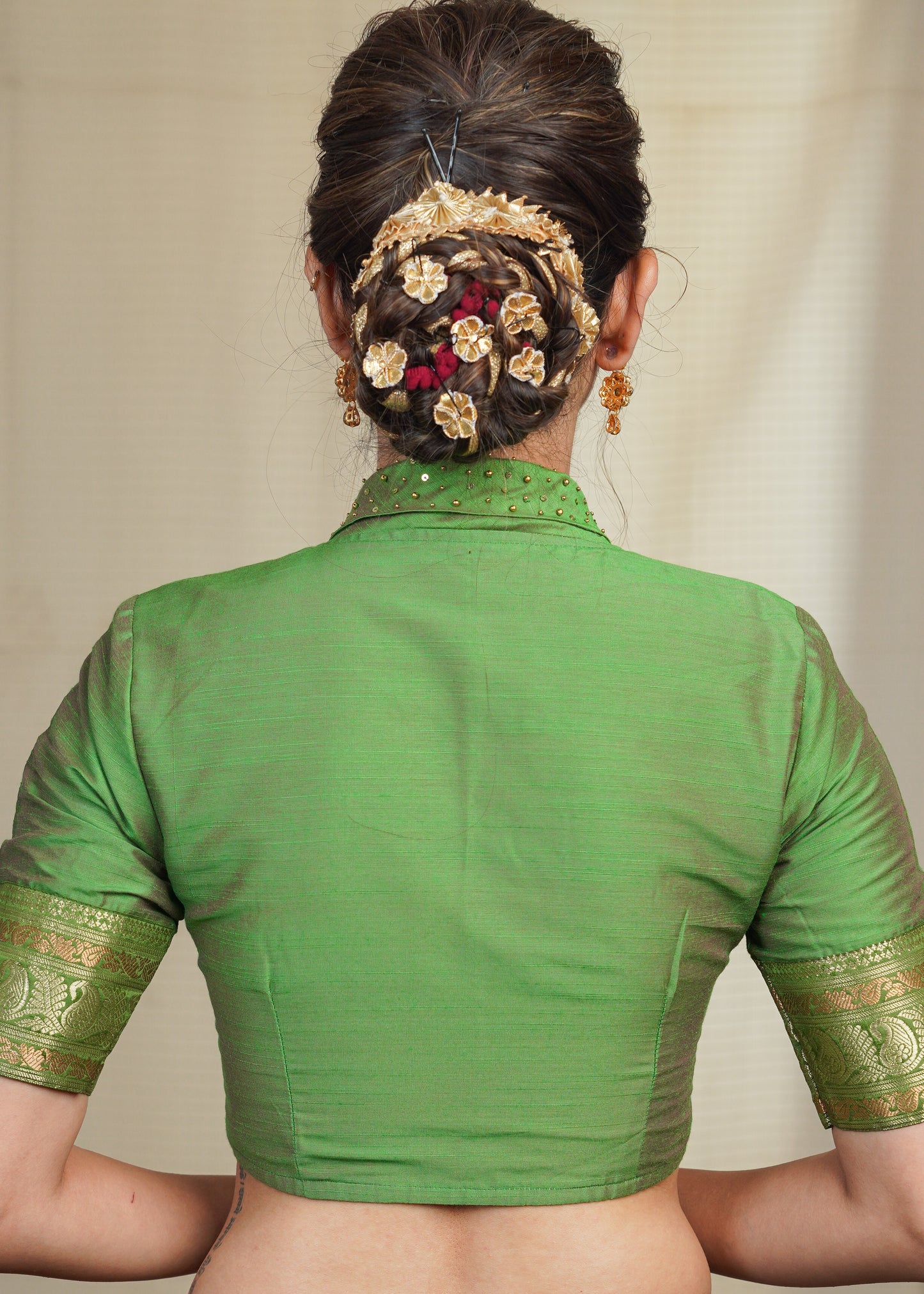 Mehendi Green Cotton Silk Blouse With Bead and Sequence Collar and Banarsi Border