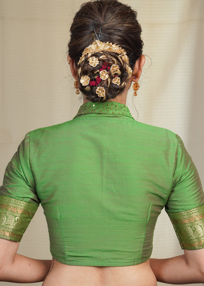 Mehendi Green Cotton Silk Blouse With Bead and Sequence Collar and Banarsi Border