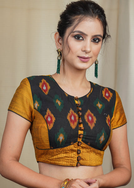 Mustard Cotton Silk Blouse With Ikat Front Panel and Wooden Button and Pleats at the Hem