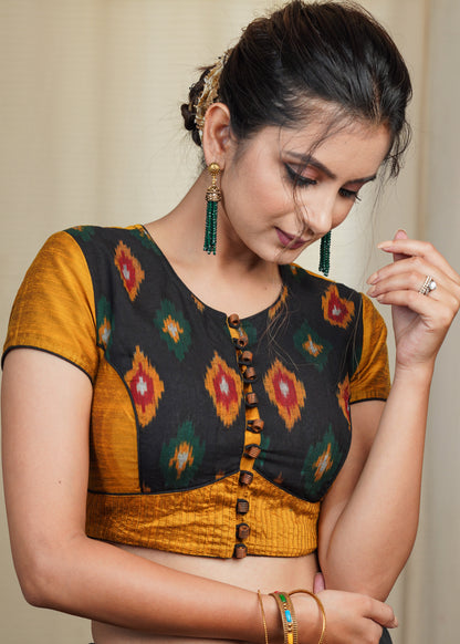 Mustard Cotton Silk Blouse With Ikat Front Panel and Wooden Button and Pleats at the Hem