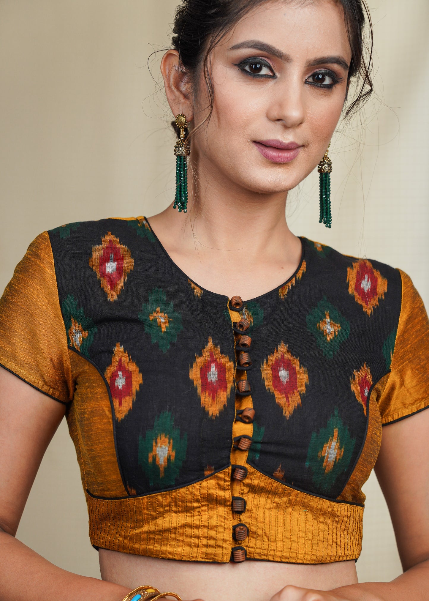 Mustard Cotton Silk Blouse With Ikat Front Panel and Wooden Button and Pleats at the Hem