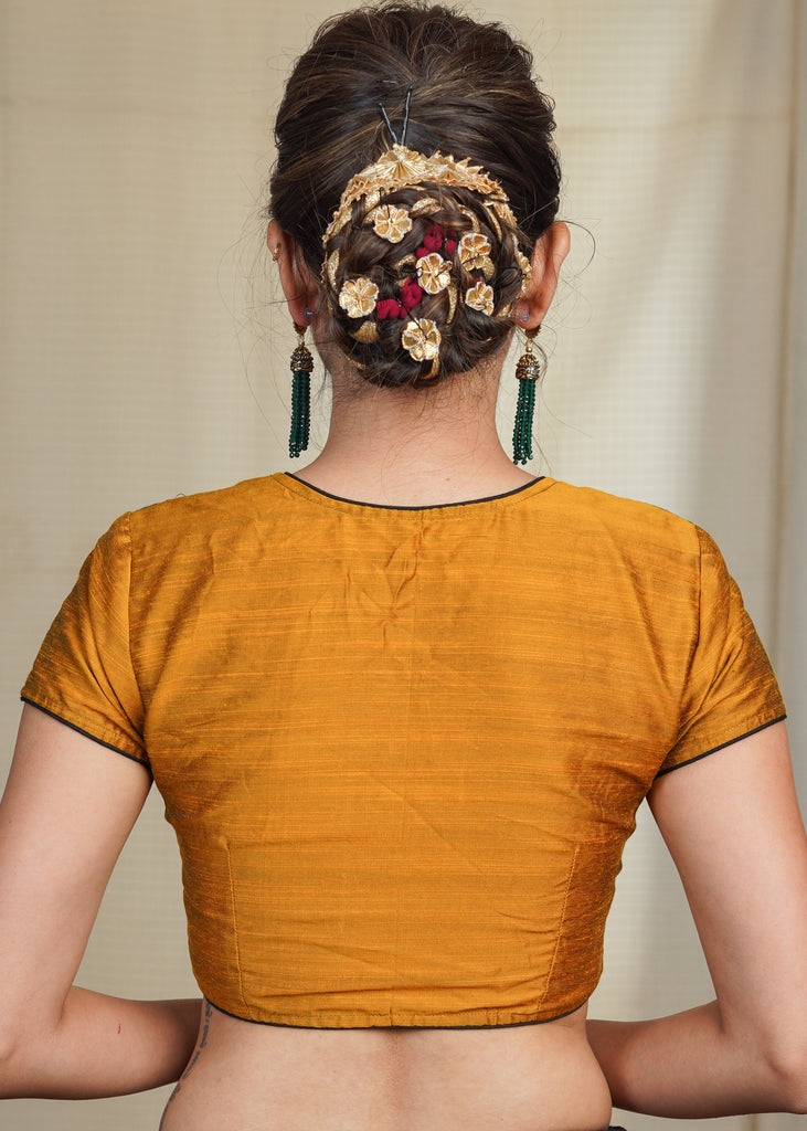 Mustard Cotton Silk Blouse With Ikat Front Panel and Wooden Button and Pleats at the Hem