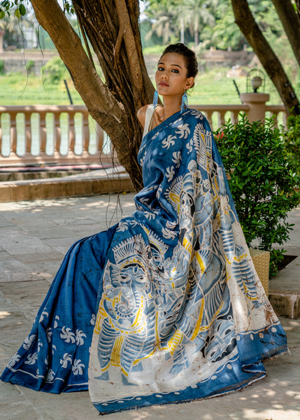 Blue pure silk hand Batik saree