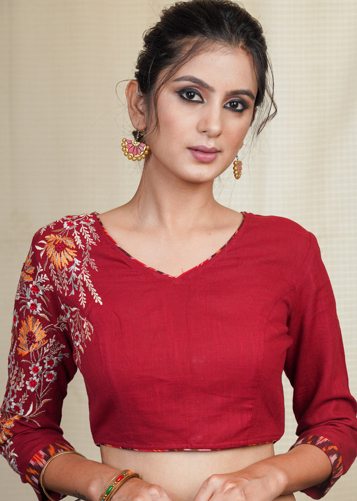 Maroon Cotton Blouse With Heavy Embroidered Sleeves with Ikat piping
