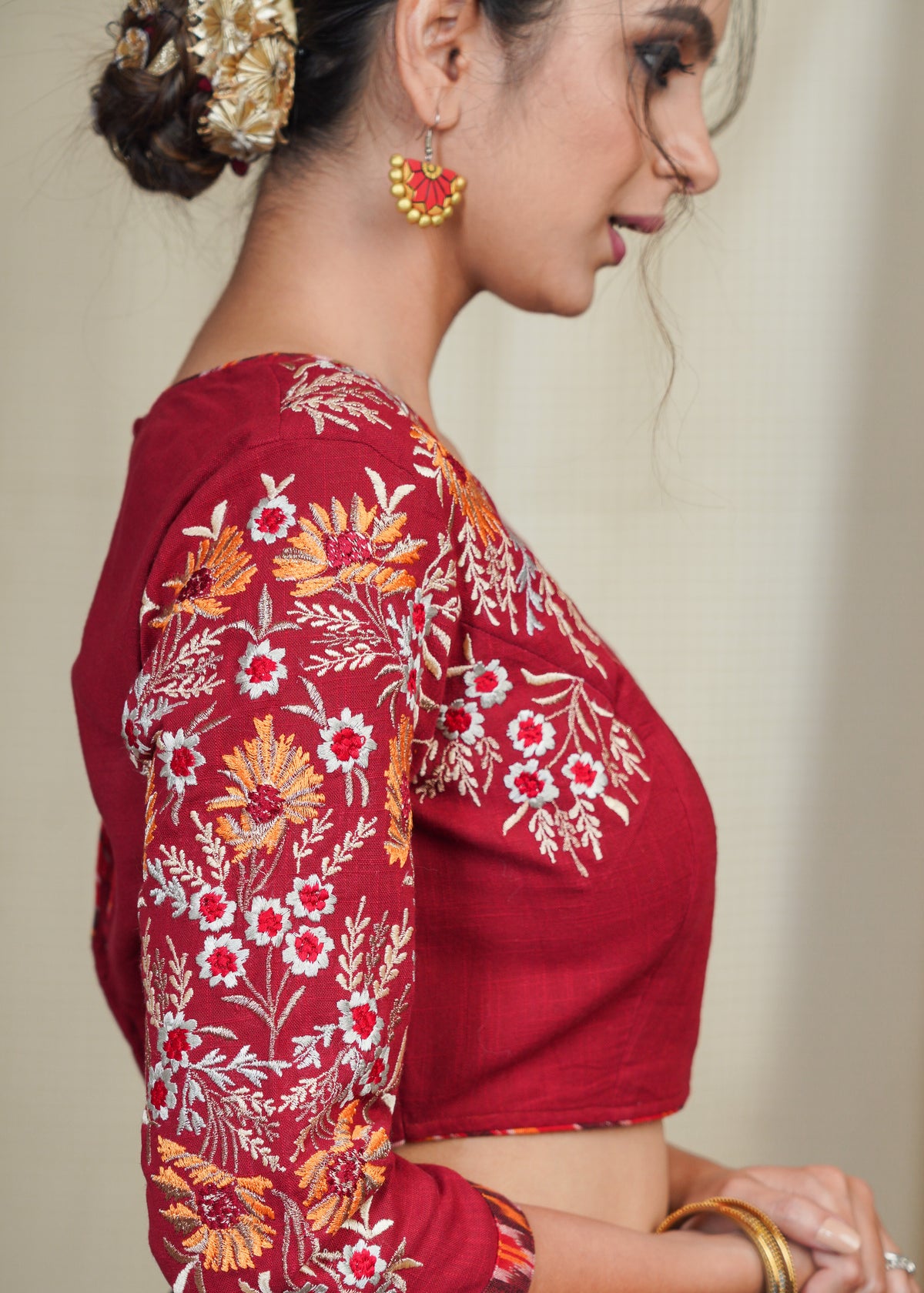 Dussehra Sale — Maroon Cotton Blouse With Heavy Embroidered Sleeves with Ikat piping