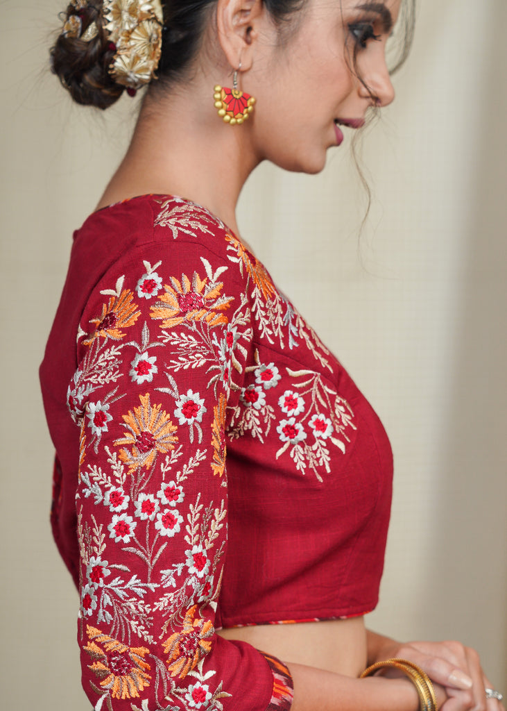 Maroon Cotton Blouse With Heavy Embroidered Sleeves with Ikat piping