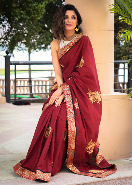 Maroon cotton saree with exclusive embroidered motifs and banarasi border