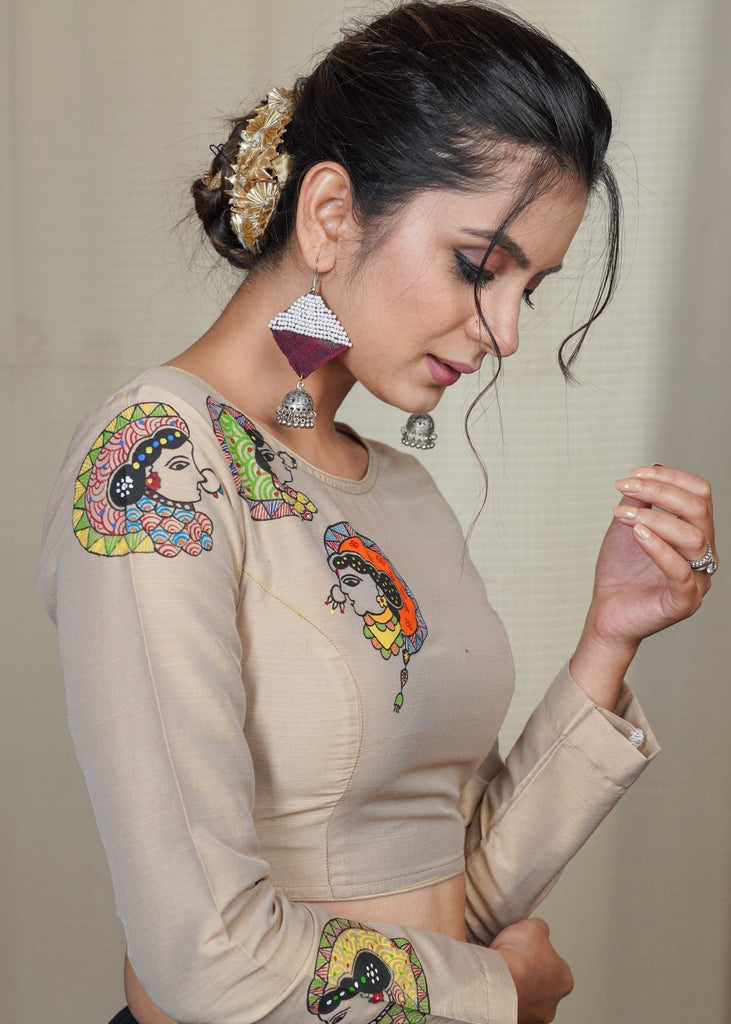 Beige Cotton Silk Blouse with Hand Painted Gond Work