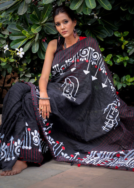 Exclusive handpainted black cotton saree