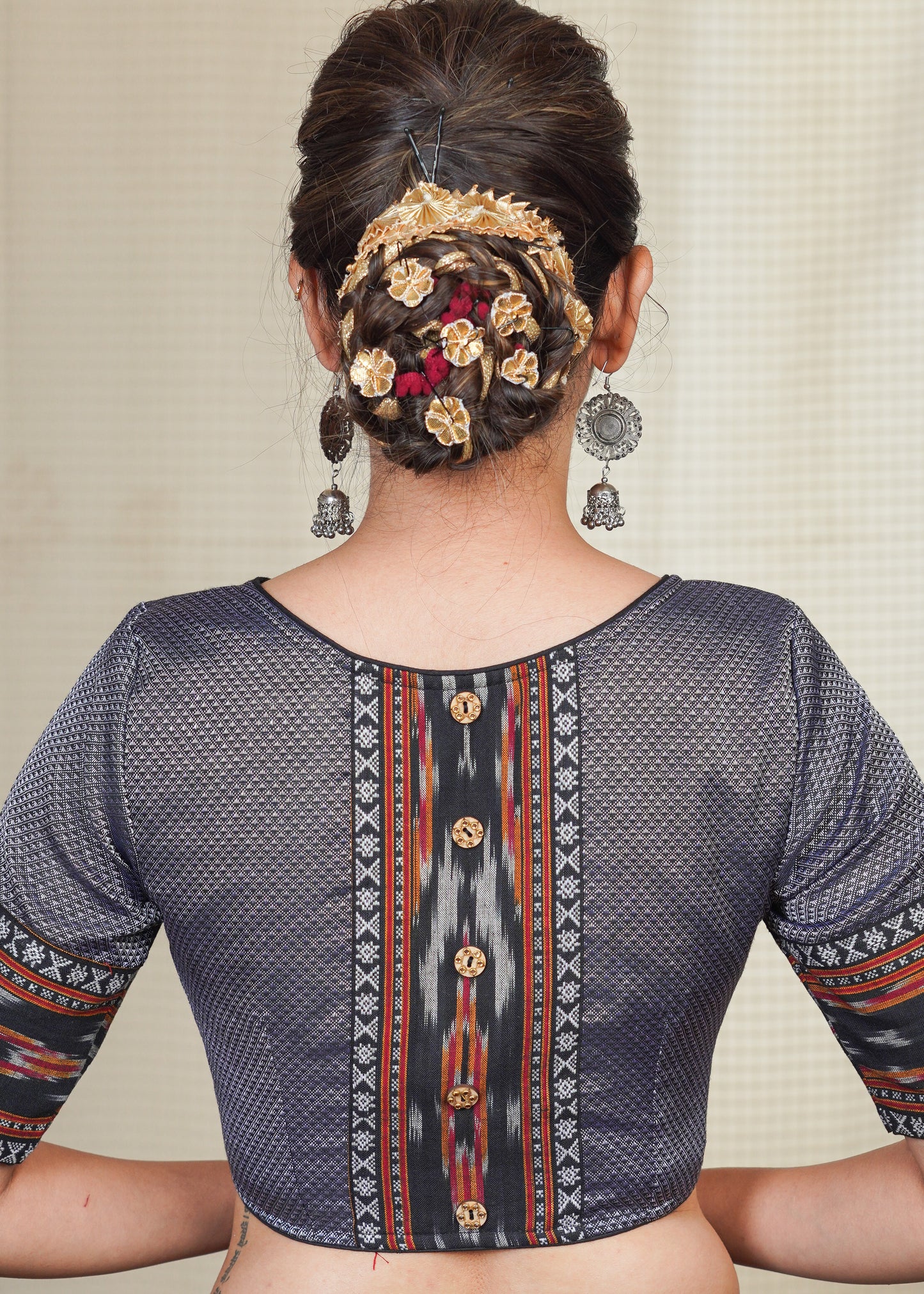 Grey Khun Blouse with Ikat Combination