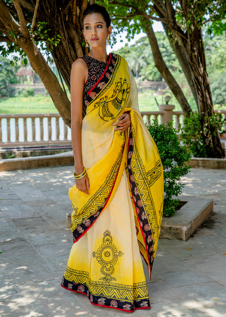 Beautiful handpainted yellow chanderi saree with Ajrakh border