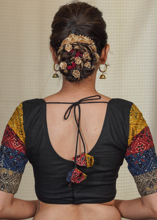 Black Cotton Blouse With Colourful Ajrakh Patchwork in the Sleeves