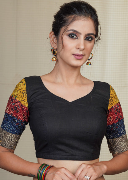 Black Cotton Blouse With Colourful Ajrakh Patchwork in the Sleeves